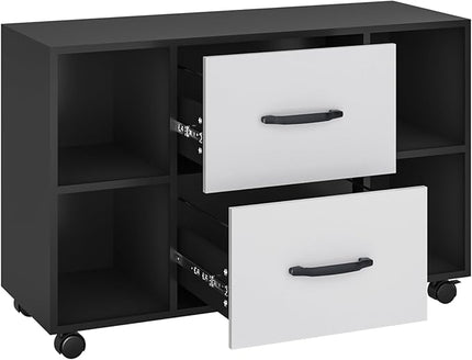 sogesfurniture Mobile Lateral Filing Cabinet with 2 Drawers,Lateral Office Cabinet Printer Stand, Multifunctional Storage Cabinet with Open Shelves and Castors for Home & Office (Black) - LeafyLoom