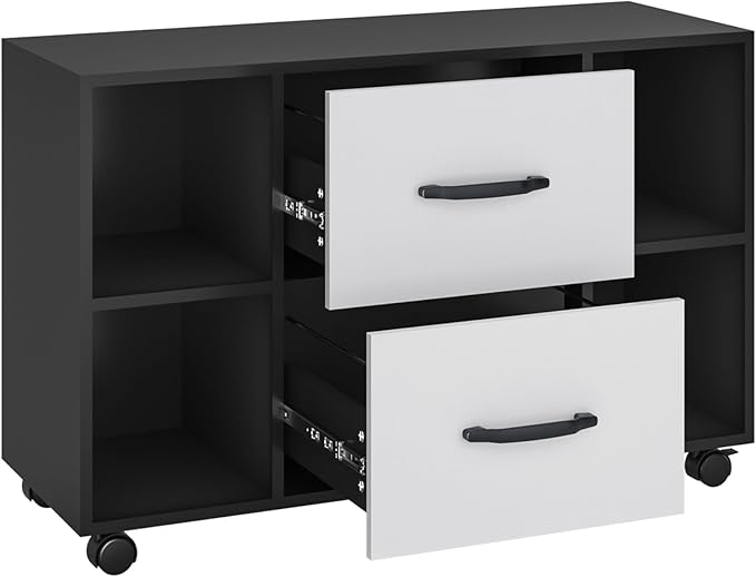 sogesfurniture Mobile Lateral Filing Cabinet with 2 Drawers,Lateral Office Cabinet Printer Stand, Multifunctional Storage Cabinet with Open Shelves and Castors for Home & Office (Black) - LeafyLoom