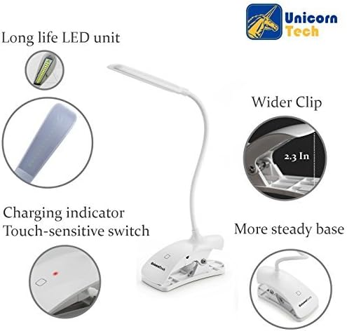 Clip Desk Lamp Table LED Bulb Lamps Set USB Outlet White Modern Shade Gooseneck Dimmable Light Clamp Base Touch Sensor Switch Charging Battery Office Room Bedroom Dorm Kids Small Girls Study Reading - LeafyLoom