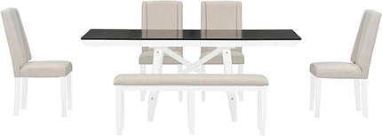 Classic Dining Table Set for 6 with 78" Extendable Rectangular Tabletop with Two 12" W Removable Leaves and 4 Upholstered Chairs & 1 Bench for Kitchen Living Room, White+Black - LeafyLoom