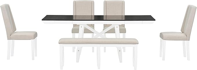 Classic Dining Table Set for 6 with 78" Extendable Rectangular Tabletop with Two 12" W Removable Leaves and 4 Upholstered Chairs & 1 Bench for Kitchen Living Room, White+Black - LeafyLoom