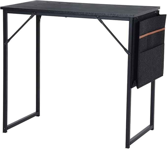 FurnitureR 31.5 inch Small Study Writing Table with Storage Bag Space Saving for Home Office, Modern PC Metal Frame Computer Desk, Black - LeafyLoom