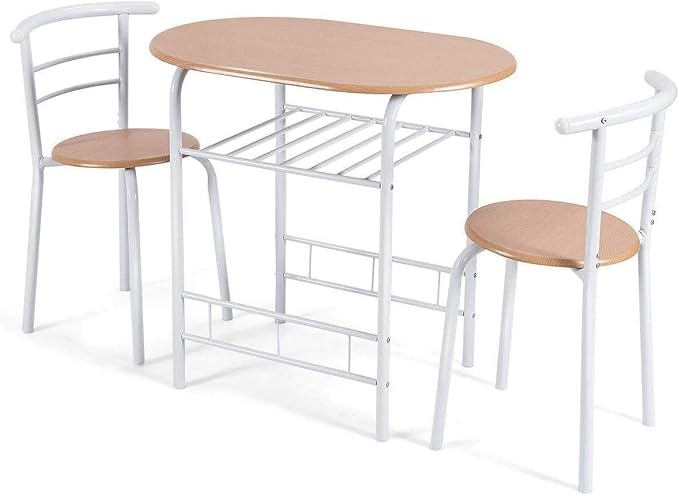 FANTASK 3 Pieces Dining Set, Breakfast Table Set w/Metal Frame and Storage Shelf, Compact Table and 2 Chairs Set for Home Bistro Pub Apartment Kitchen Dining Room Cafe - LeafyLoom