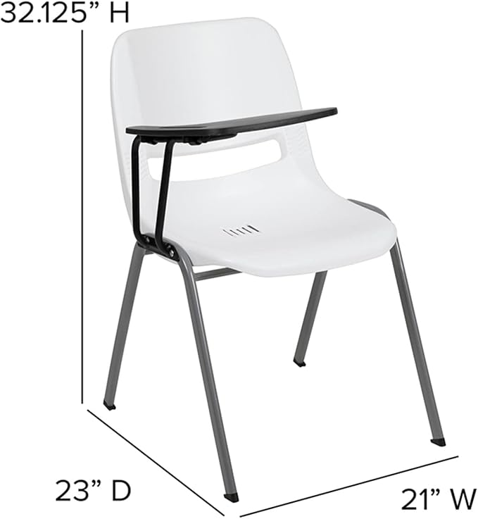 Flash Furniture HERCULES White Ergonomic Shell Chair with Right Handed Flip-Up Tablet Arm - LeafyLoom