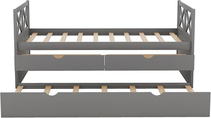 Twin Size Daybed with 2 Storage Drawers and Trundle, Solid Wood Captains Bed Frame for Bedroom and Living Room, Gray - LeafyLoom