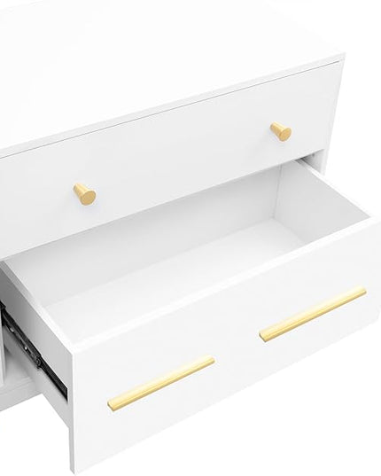 Modern Stand 75+ Inch, Entertainment Center Televisions Media Table with Open Shelf, 5 Drawers with Large Storage Space, TV Consoles Cabinet Furniture for Living Room, White - LeafyLoom