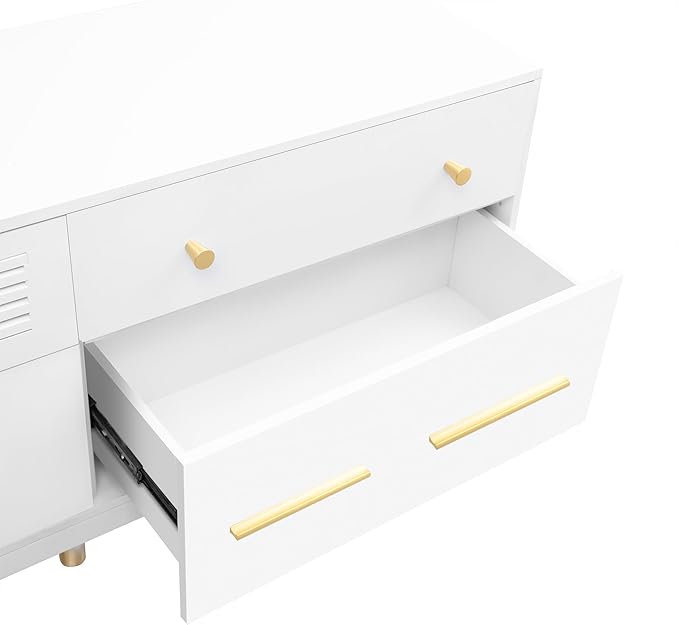 Modern Stand 75+ Inch, Entertainment Center Televisions Media Table with Open Shelf, 5 Drawers with Large Storage Space, TV Consoles Cabinet Furniture for Living Room, White - LeafyLoom