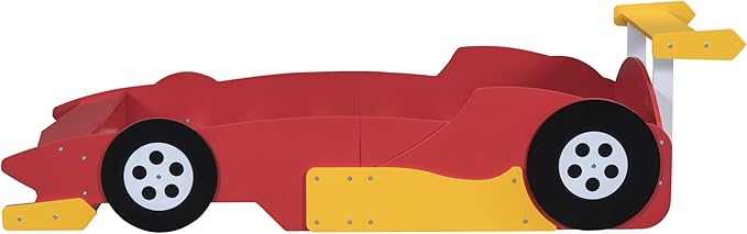 Twin Size Racecar Bed for Big Boys,Wood Platform Bedframe with Wheels & Safety Guardrail,Slats Support,Easy Assembly,Toddlers Kids Car Floor Beds for Fun Children's Bedroom,Red - LeafyLoom