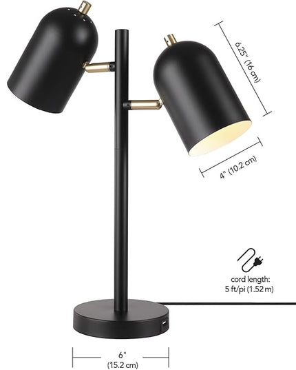 Globe Electric 52994 19" 2-Light Desk Lamp, Matte Black, Matte Brass Accents, 2.1A USB Port, On/Off Rotary Switch on Each Shade - LeafyLoom