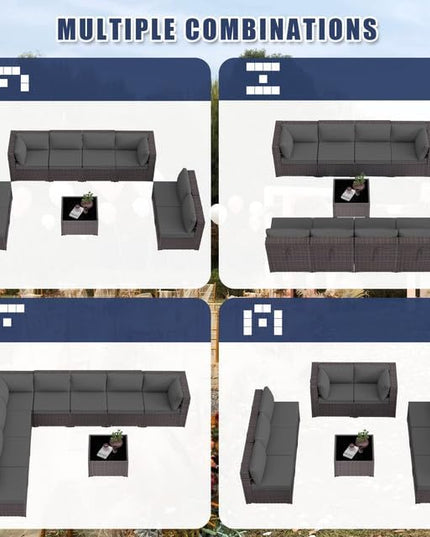Patio Furniture Set 9-Piece Outdoor Furniture for Backyard Wicker Sectional Sofa Set, Rattan Patio Conversation Set with Thickened Cushions and Glass Coffee Table, Grey - LeafyLoom