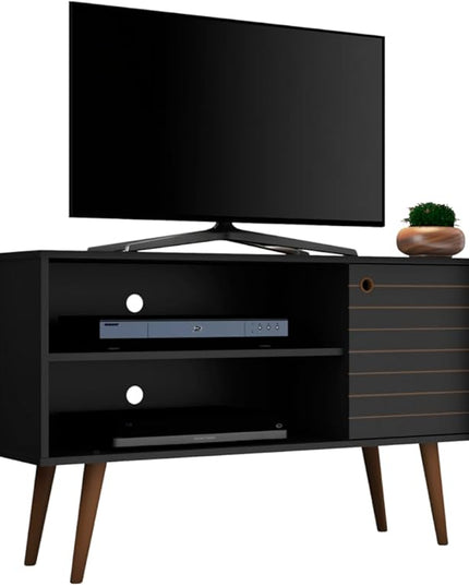 Manhattan Comfort Liberty Mid Century Modern TV Stand for Televisions up to 46 Inches, Bedroom and Living Room Entertainment Center with Storage, Shelves, and Cabinet, 43" Wide, Black - LeafyLoom