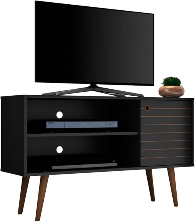 Manhattan Comfort Liberty Mid Century Modern TV Stand for Televisions up to 46 Inches, Bedroom and Living Room Entertainment Center with Storage, Shelves, and Cabinet, 43" Wide, Black - LeafyLoom