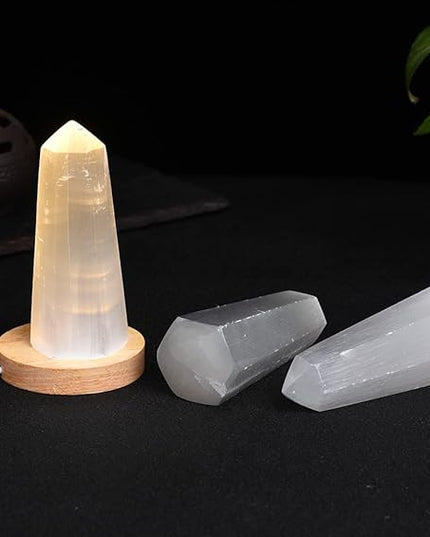 JIC Gem USB Selenite Lamp Hexagonal Crystal Points Selenite Tower Lamp Morocco Skyscraper 4 Inch with Wooden Light Stand Base - LeafyLoom