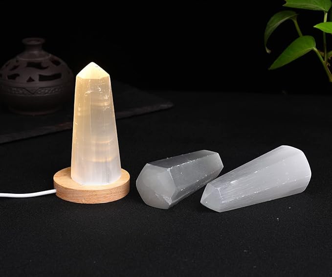 JIC Gem USB Selenite Lamp Hexagonal Crystal Points Selenite Tower Lamp Morocco Skyscraper 4 Inch with Wooden Light Stand Base - LeafyLoom