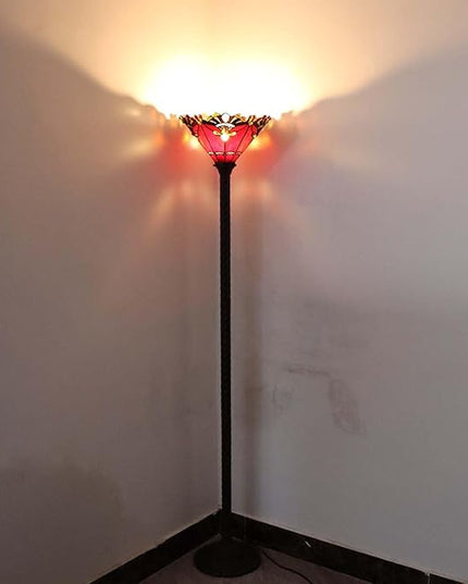 Bieye L10682 Baroque 67 inch Tiffany Style Stained Glass Torchiere Floor Lamp with 13 Inch Wide Handmade Lampshade, Metal Base with Dark Brown Baking Finish, Red - LeafyLoom