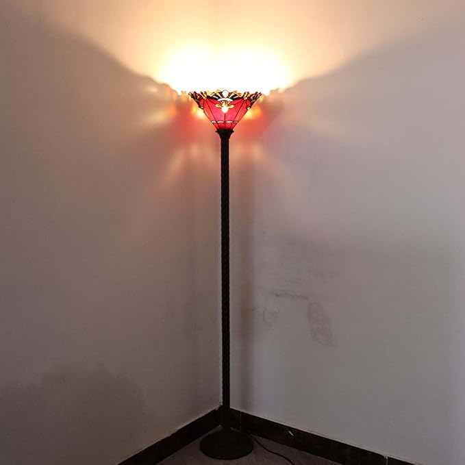 Bieye L10682 Baroque 67 inch Tiffany Style Stained Glass Torchiere Floor Lamp with 13 Inch Wide Handmade Lampshade, Metal Base with Dark Brown Baking Finish, Red - LeafyLoom