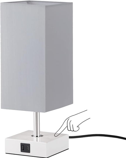 Ambimall Grey Table Lamp with USB Ports - 3 Way Touch Lamps Beside Desk, Nightstand Lamp for Bedrooms Living Room, Grey Shade with White Base, LED Bulb Included(Grey) - LeafyLoom