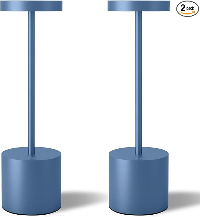 Cordless Table Lamps Set of 2, 5000mAh Rechargeable Battery Powered Lamp, 3 Color Stepless Dimmable LED Table Lamp, Portable Table Light for Outdoor/Indoor/Restaurant/Home. (Blue) - LeafyLoom