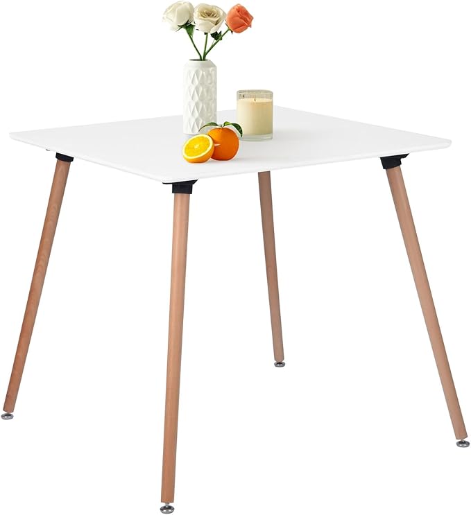 Square Dining Table 31.5 Inch for 2-4 People, Modern Functional White Table with Wooden Legs for Home Office Kitchen Dining Room Patio Small Spaces - LeafyLoom