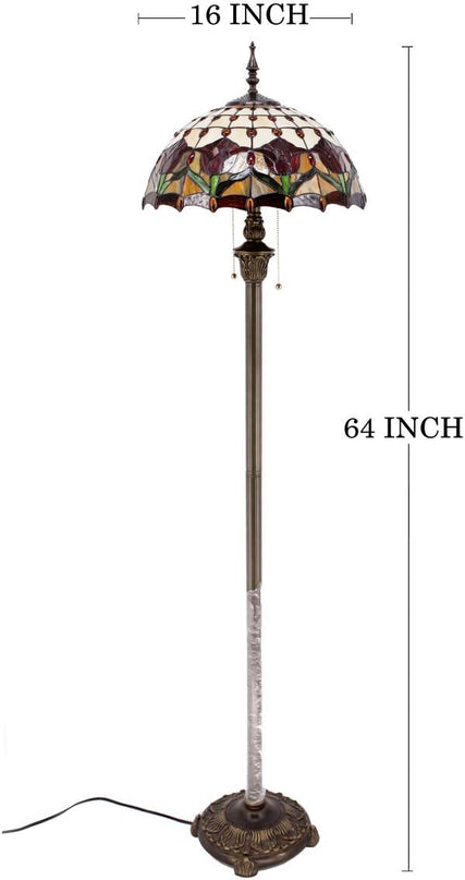WERFACTORY Tiffany Floor Lamp Red Amber Tulip Flower Stained Glass Standing Reading Light 16X16X64 Inches Antique Pole Corner Lamp Decor Bedroom Living Room Home Office S030 Series - LeafyLoom
