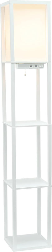 Simple Designs LF1037-WHT Floor Lamp Etagere Organizer Storage Shelf with 2 USB Charging Ports, 1 Charging Outlet and Linen Shade, White - LeafyLoom