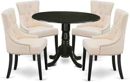 East West Furniture DLFR5-BLK-02 Nook Kitchen Table Set - 4 Parson Dining Room Chairs with Light Beige Linen Fabric Seat and Button tufted Back - Drop Leaves Pedestal Kitchen Table (Black Finish) - LeafyLoom