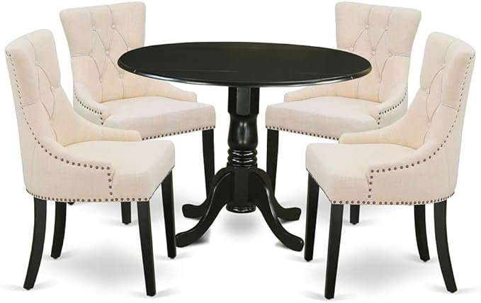 East West Furniture DLFR5-BLK-02 Nook Kitchen Table Set - 4 Parson Dining Room Chairs with Light Beige Linen Fabric Seat and Button tufted Back - Drop Leaves Pedestal Kitchen Table (Black Finish) - LeafyLoom