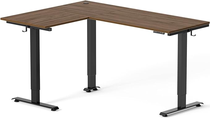 FEZIBO Triple Motor L-Shaped Electric Standing Desk, 63 Inches Height Adjustable Stand up Corner Desk, Sit Stand Workstation with Splice Board, Black Frame/Black Walnut Top - LeafyLoom
