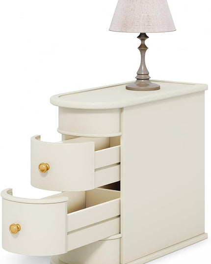 End Table, Off-White Wooden Side Table with 2 Drawers, No Assembly Required Sofa Side Table, Closed Back, Vintage Slim Nightstand Bedside Table for Bedroom - LeafyLoom