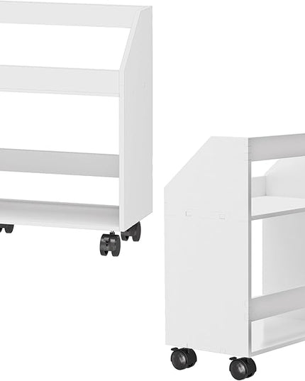 2-Tier Mobile Bookshelf, White Bookcase with Wheels, Rolling File Holder Desk File Book Organizer for Home Office Living Room School - LeafyLoom