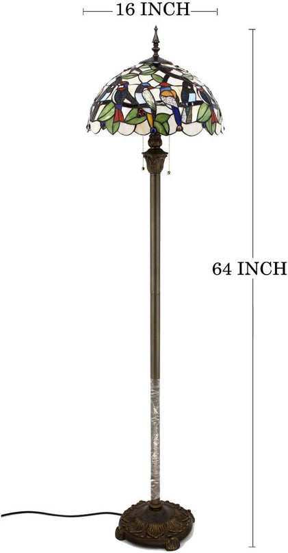 WERFACTORY Tiffany Floor Lamp Double Birds Amber Stained Glass Standing Reading Light 16X16X64 Inches Antique Pole Corner Lamp Decor Bedroom Living Room Home Office S805 Series - LeafyLoom