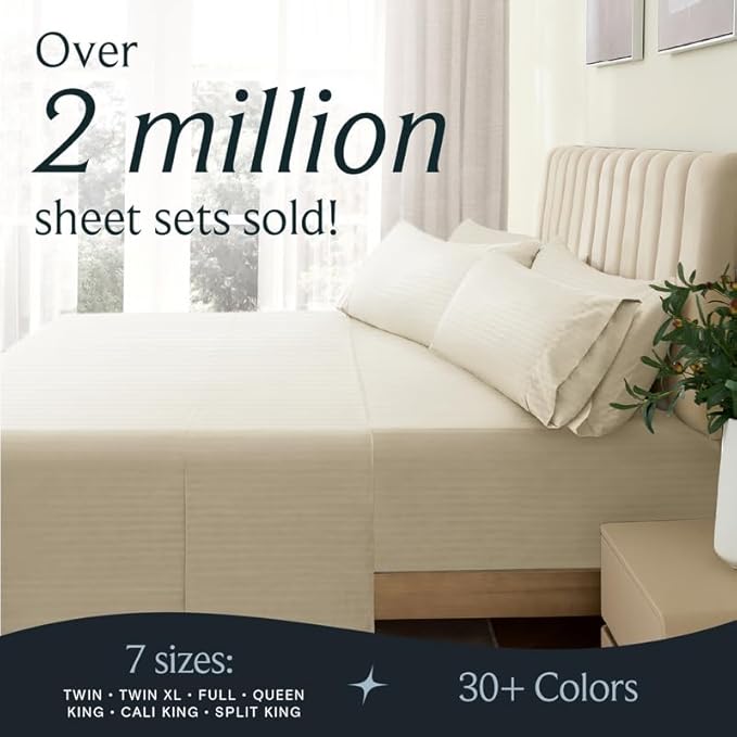 LuxClub Striped Sheets, 4 PC Striped Bed Sheets Twin Size for-Boys-and-Girls-Deep Pockets 18" Eco Friendly Wrinkle Free-Kids-Fitted Sheets Machine Washable Hotel Bedding (Twin XL, Cream) - LeafyLoom