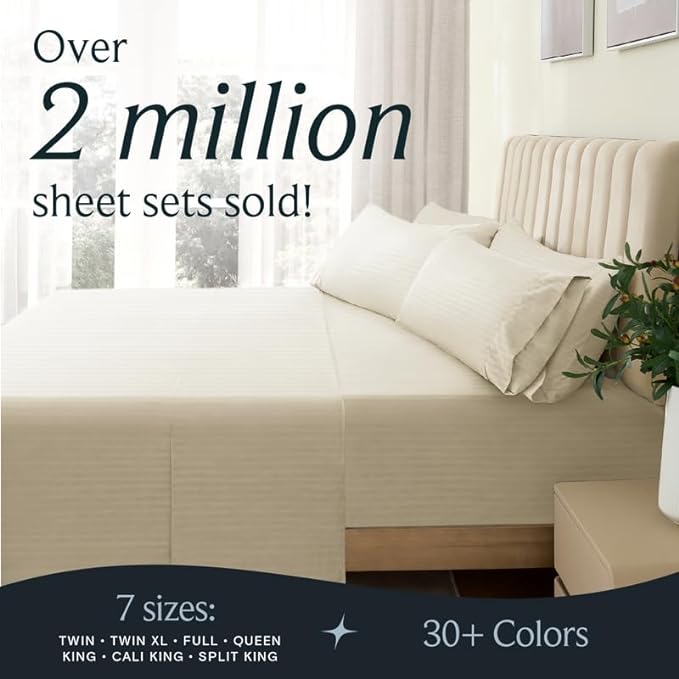 LuxClub Striped Sheets, 4 PC Striped Bed Sheets Twin Size, Deep Pockets 18" Eco Friendly Wrinkle Free-Kids-Fitted Sheets Machine Washable Hotel Bedding (Twin, Cream) - LeafyLoom