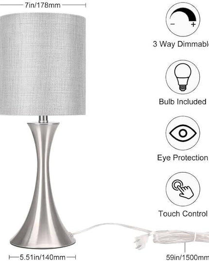 3 Way Touch Control Table Lamp, Dimmable Bedside Desk Lamp with Metal Base Modern Nightstand Lamp Stylish Grey Shade Simple Side Table Lamp for Bedroom, Living Room, Office or Den LED Bulb Included - LeafyLoom