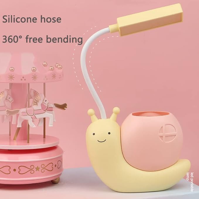 Cute Kids Lamp with Pen Holder,LED Desk Lamp for Child,Snail Shape USB Charging Student Learning Eye Protection Lamp with 360° Bendable Adjustable Neck Yellow - LeafyLoom