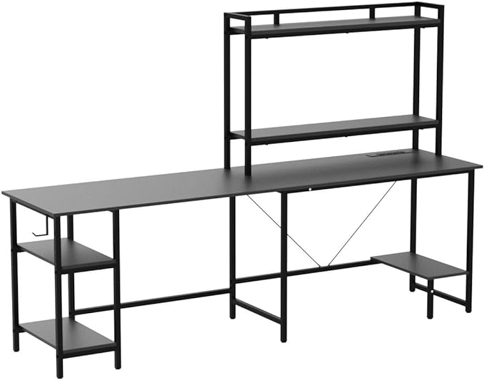 Evajoy L Shaped Computer Desk with Power Outlets and USB Ports, Reversible L-Shaped Corner Gaming Desk with Storage Shelves, 94.5’’ Industrial 2 Person Home Office Desk with Monitor Stand for Home - LeafyLoom