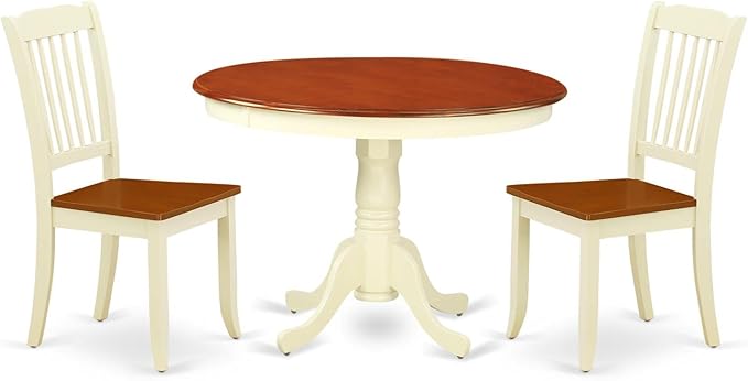 East West Furniture HLDA3-BMK-W 3 Piece Modern Dining Table Set Contains a Round Wooden Table with Pedestal and 2 Dining Chairs, 42x42 Inch, Buttermilk & Cherry - LeafyLoom