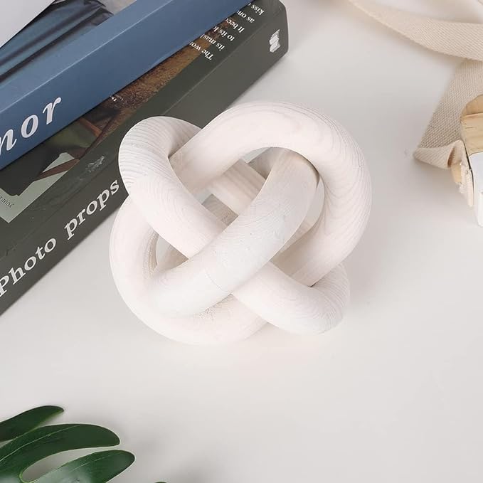 Wood Knot Decor -Coffee Table Decor Shelf Decor Table Books Hand Carved Home Decoration Boho Country Rustic Modern Shabby Chic Style Decor 3 Link Wooden Knot Chain Link Decor (White) - LeafyLoom