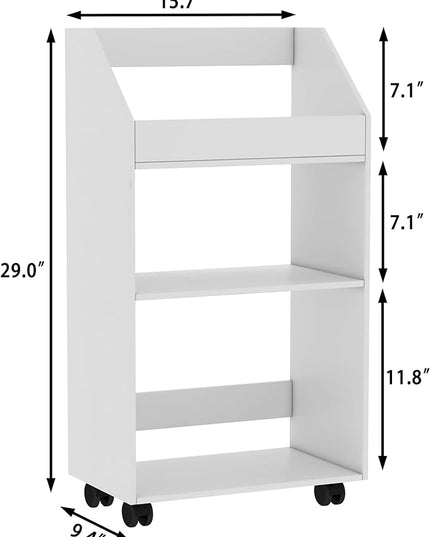 3-Tier Mobile Bookshelf, White Bookcase with Wheels, Rolling File Holder Desk File Book Organizer for Home Office Living Room School - LeafyLoom