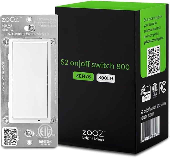 Zooz 800 Series Z-Wave Long Range S2 On Off Switch ZEN76 800LR, White | Simple Direct 3-Way and 4-Way Solution (Works with Regular Switches, No Aux Switch Needed) | Z-Wave Hub Required ZOOZ