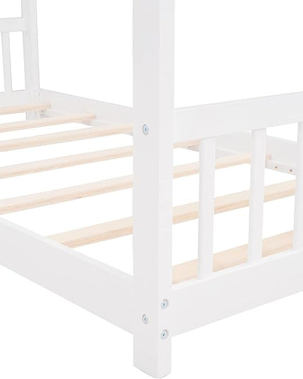 Montessori Floor Bed Frame Twin Size, Twin Floor Bed Frame with Headboard, Footboard and Slats, Wood Montessori Bed Frame/Montessori House Bed for Kids, Girls, Boys(White) - LeafyLoom