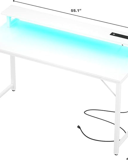 Computer Desk with USB Power Outlets and LED Lights, 55 inch Gaming desk with Monitor Stand for Small Space Home Office, Modern Simple Study Writing Table PC Desks, White - LeafyLoom