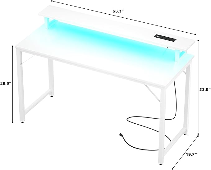 Computer Desk with USB Power Outlets and LED Lights, 55 inch Gaming desk with Monitor Stand for Small Space Home Office, Modern Simple Study Writing Table PC Desks, White - LeafyLoom