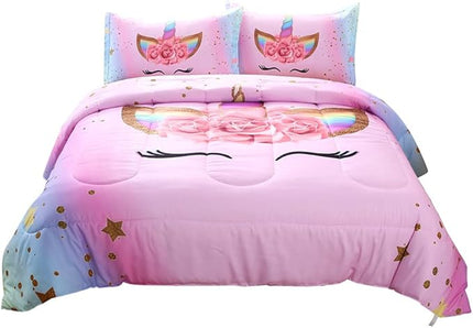 Unicorn Comforter Set Rainbow Soft Girls Unicorn Bedding with 1 Comforter 2 Pillowcases Pink Flower Unicorn Bedding Sets for Girls Twin Size - LeafyLoom