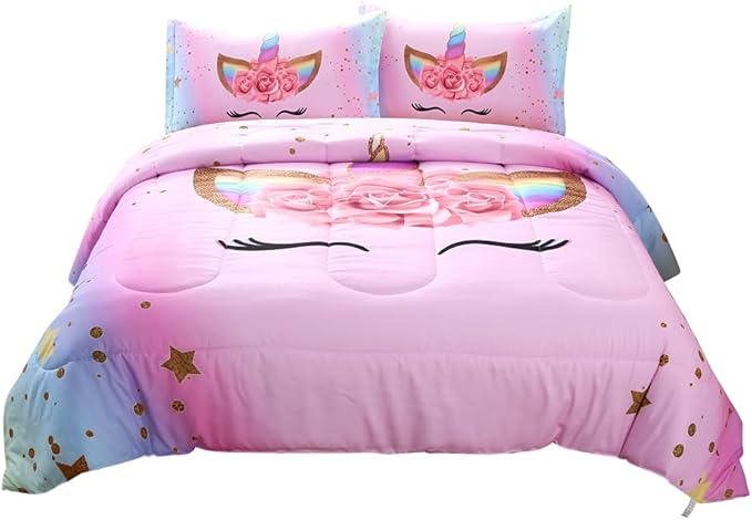 Unicorn Comforter Set Rainbow Soft Girls Unicorn Bedding with 1 Comforter 2 Pillowcases Pink Flower Unicorn Bedding Sets for Girls Twin Size - LeafyLoom