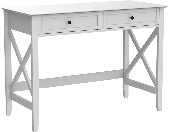 White Computer Desk with 2 Drawers, Modern Makeup Vanity Desk with Storage, Writing Desk for Home Office, 42'' Long Study Simple White Desk for Bedroom Console Table Living Room - LeafyLoom