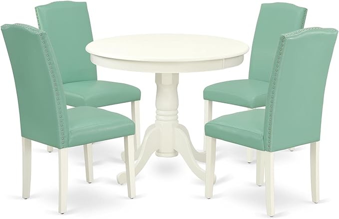 East West Furniture ANEN5-LWH-57 Antique 5 Piece Room Set Includes a Round Kitchen Table with Pedestal and 4 Pond Faux Leather Parsons Dining Chairs, 36x36 Inch - LeafyLoom