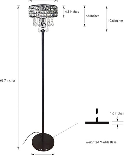 Modern K9 Clear Glass Crystals Floor Lamp with 3 LED Bulbs, Crystal & Glass 3-Lights Black Standing Light, Reading Corner Lamp for Living Room Bedroom - LeafyLoom