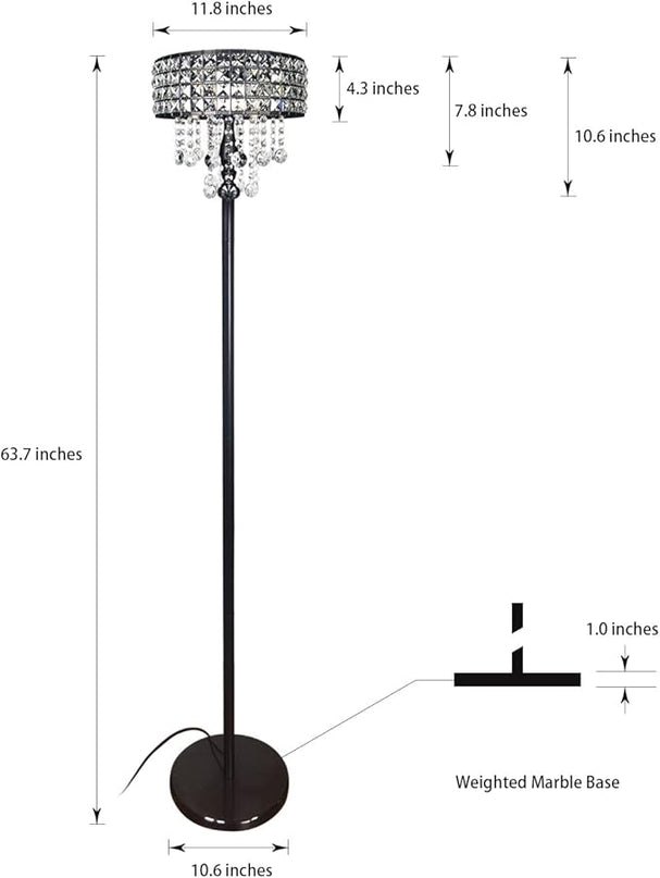 Modern K9 Clear Glass Crystals Floor Lamp with 3 LED Bulbs, Crystal & Glass 3-Lights Black Standing Light, Reading Corner Lamp for Living Room Bedroom - LeafyLoom