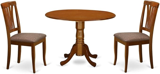 East West Furniture DLAV3-SBR-C 3 Piece Dining Room Table Set Contains a Round Dining Table with Dropleaf and 2 Linen Fabric Upholstered Chairs, 42x42 Inch, Saddle Brown - LeafyLoom